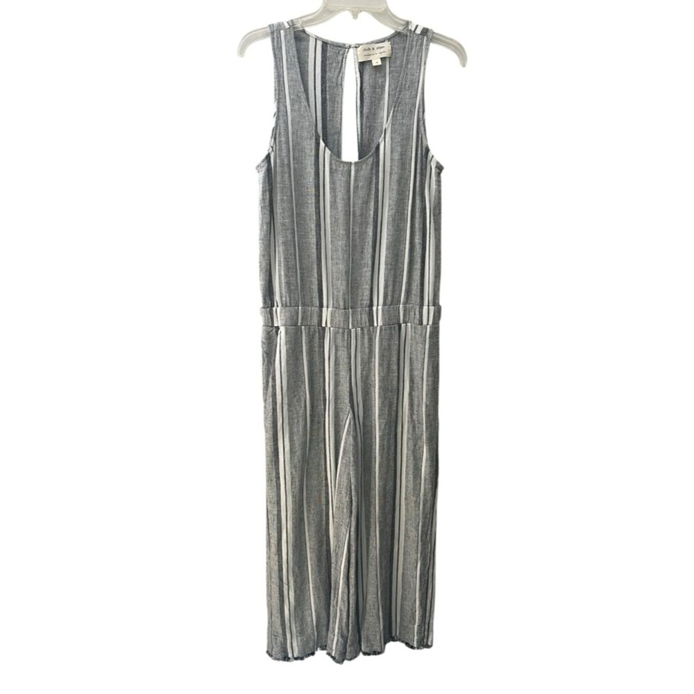 Cloth & Stone Striped Linen Blend Wide Leg Raw Hem Jumpsuit M Coastal Grandma